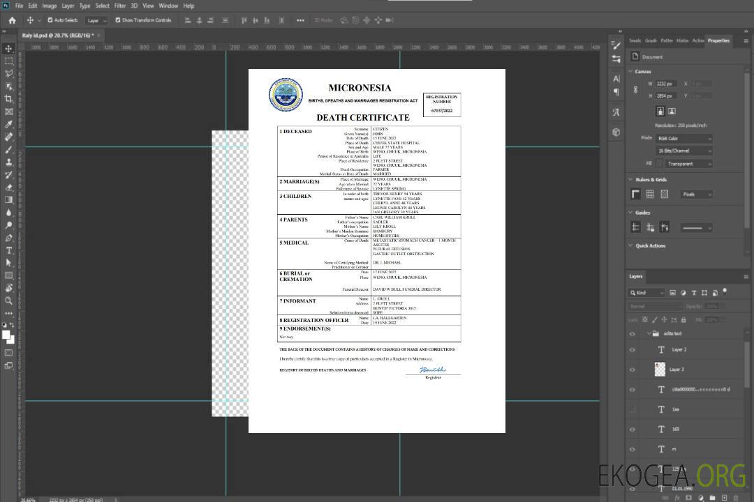 Modèle Word et PDF de certificat de décès de l'état civil de Micronésie template